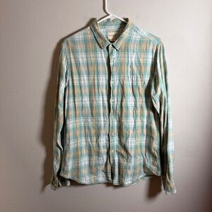 Obey Propaganda Mens Large Plaid‎ Button Down Shirt Teal Tan Long Sleeve Cotton